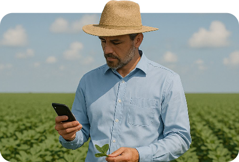 Técnico no campo usando o celular entre plantas